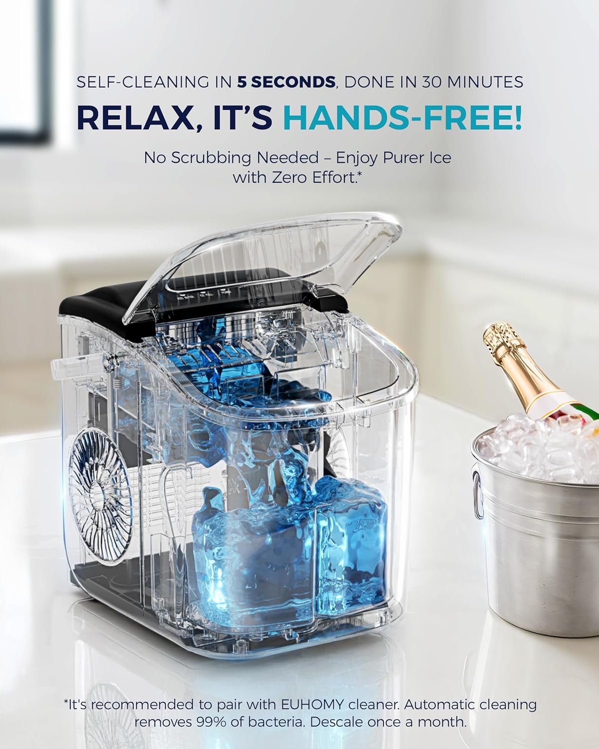Ice maker with ice cubes and a bottle of champagne on a white surface, with promotional text about self-cleaning feature.