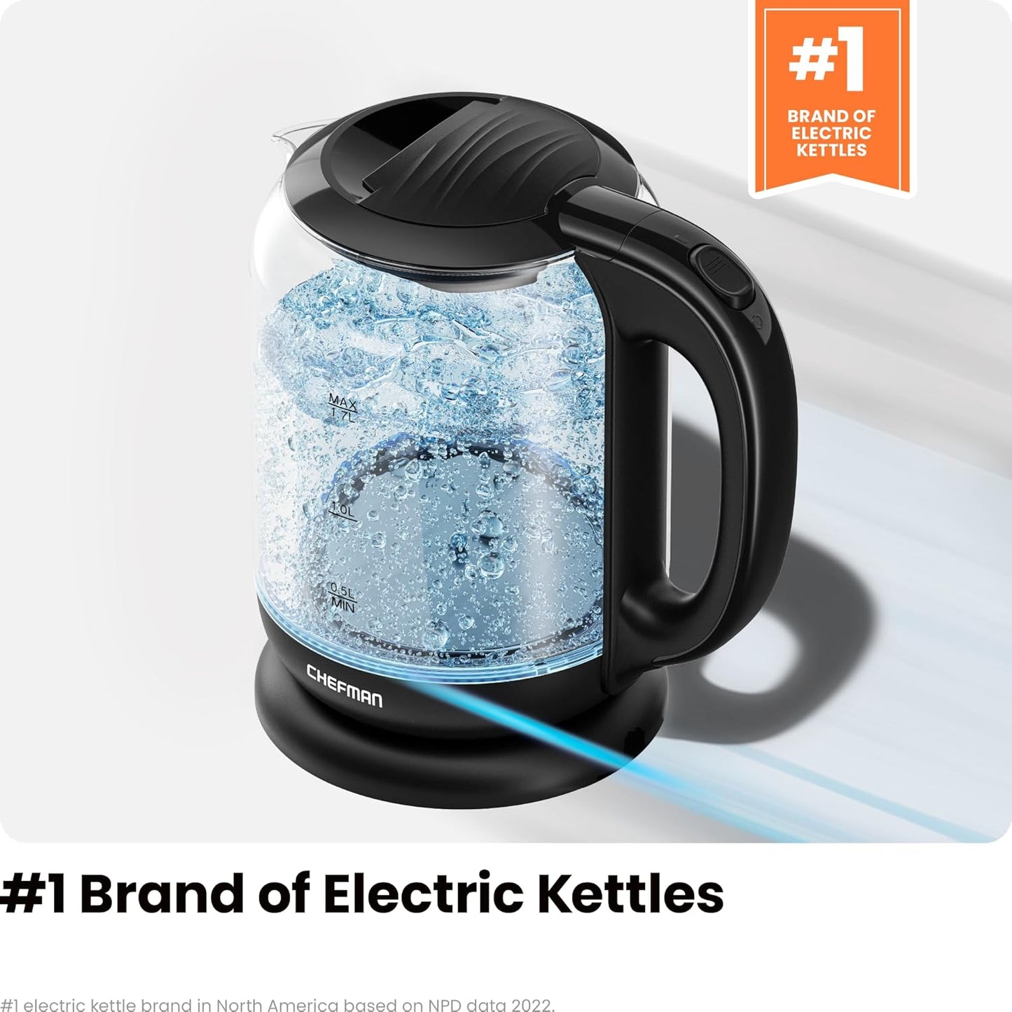 Black electric kettle with clear glass body on a white background, featuring the Chefman brand.