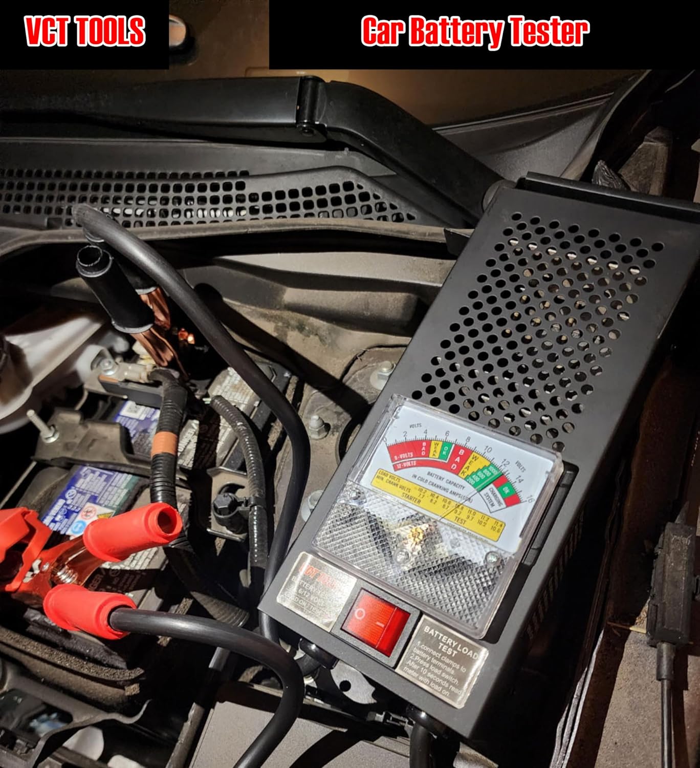 Car battery tester being used on a car battery with visible brand name 'VCT TOOLS'.
