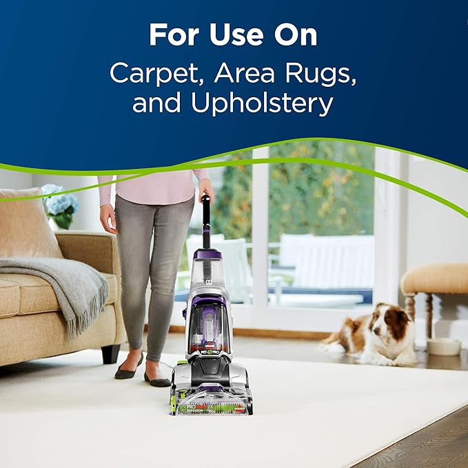 Person using a vacuum cleaner on a carpet with a dog watching, text indicating use on carpet, area rugs, and upholstery.