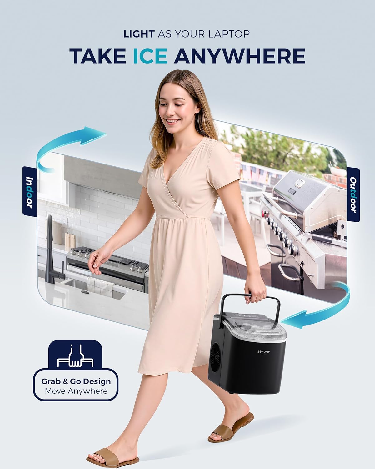 Woman holding a portable ice maker with text 'Light as your laptop, take ice anywhere' on a light blue background.