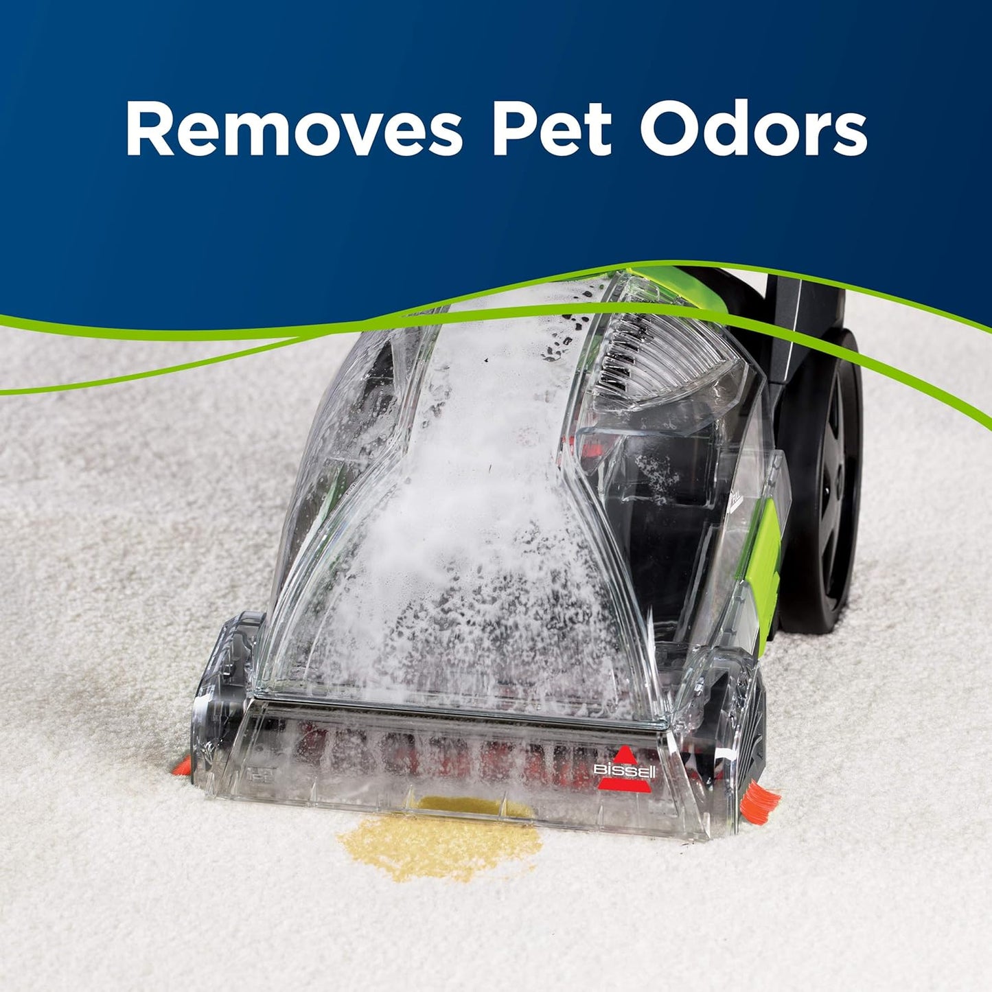 Vacuum cleaner head cleaning a carpet with text 'Removes Pet Odors' on a blue background