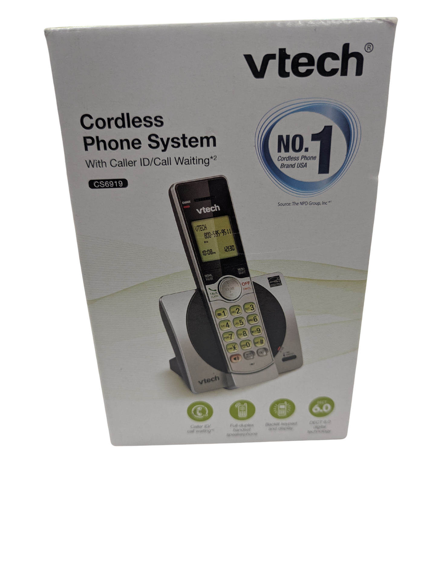 Vtech cordless phone system packaging on a white background