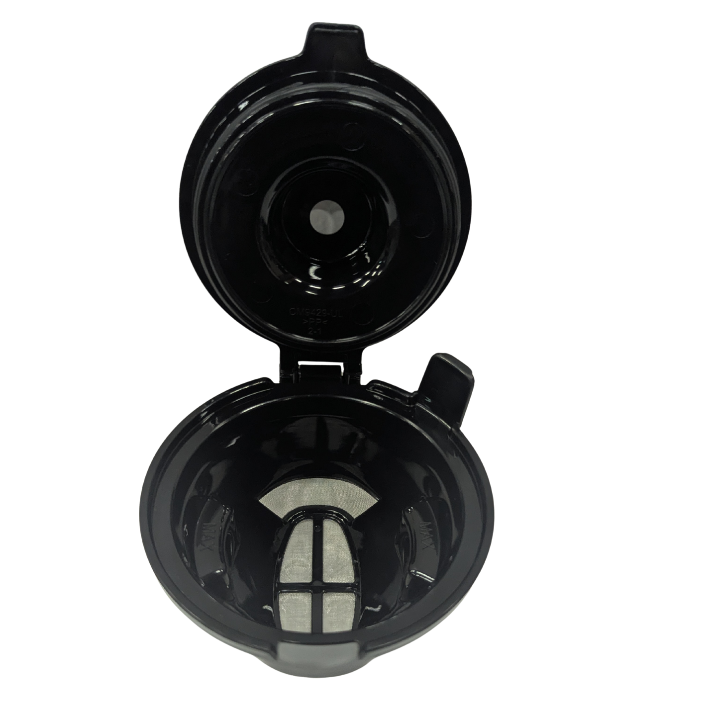 Black coffee filter with a white mesh on a white background