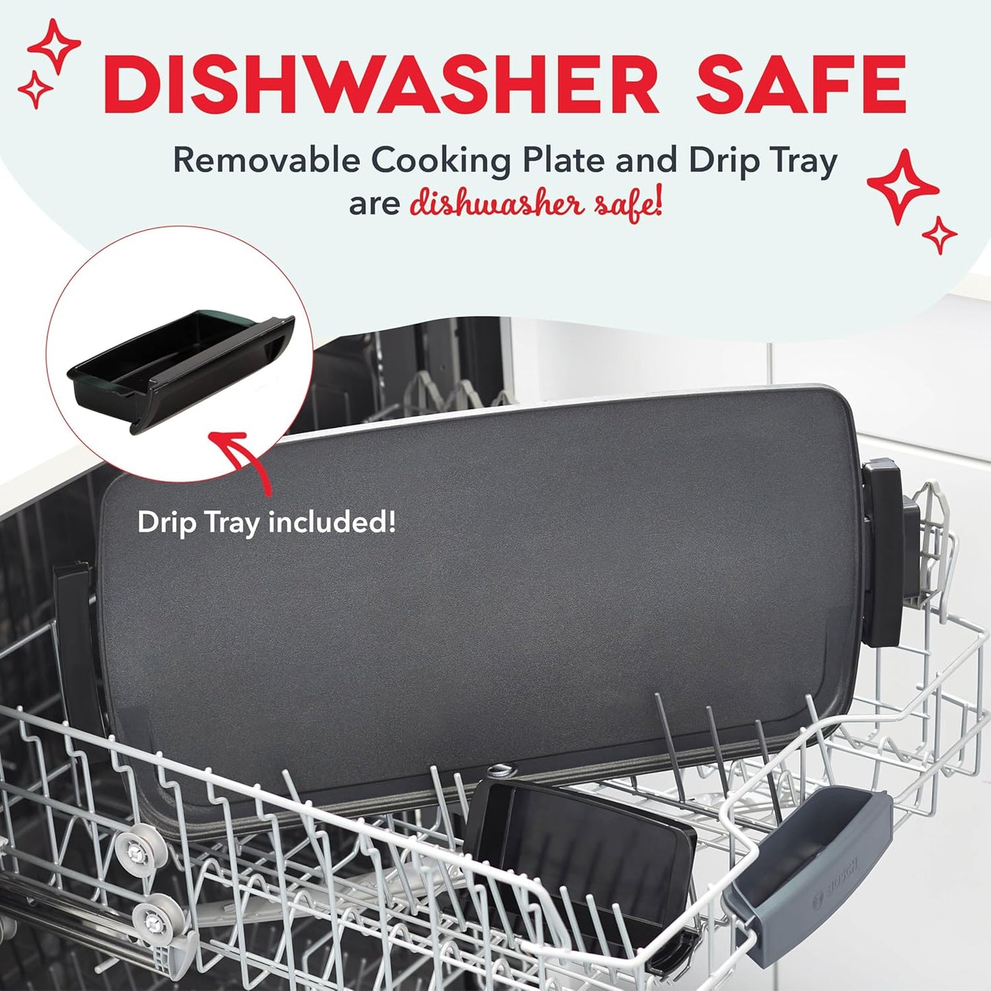 Dishwasher with a removable cooking plate and drip tray, labeled as dishwasher safe.