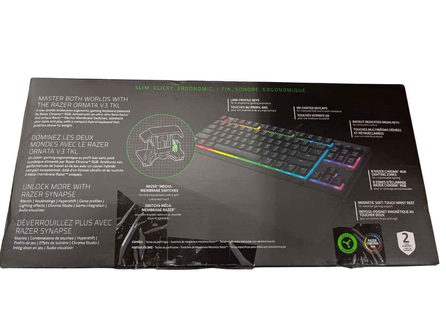 Razer keyboard packaging with product image and text on a white background