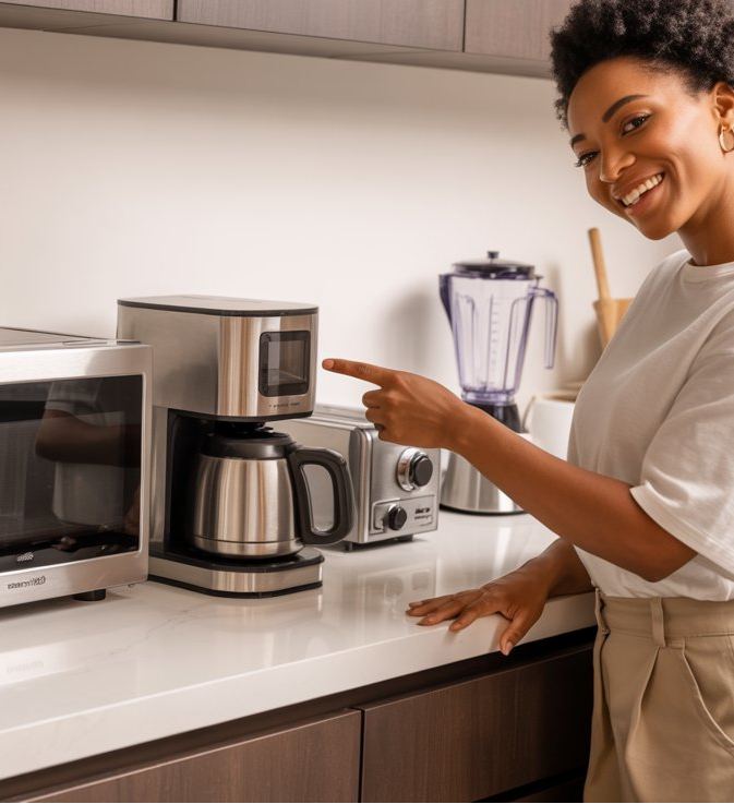 Woman in a kitchen with various stainless steel appliances including a microwave, coffee maker, and blender.