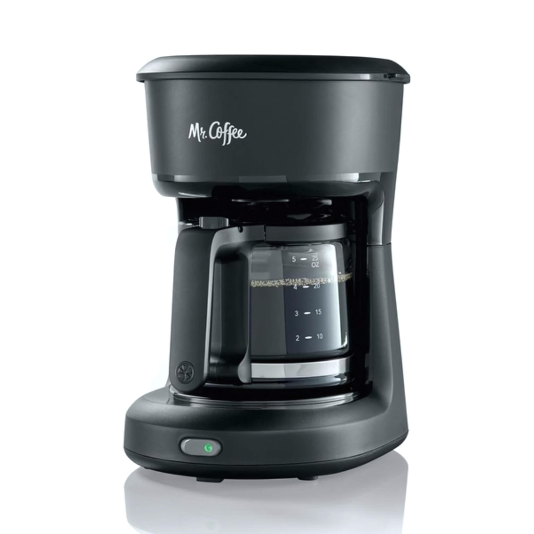 Black Mr. Coffee coffee maker on a white background
