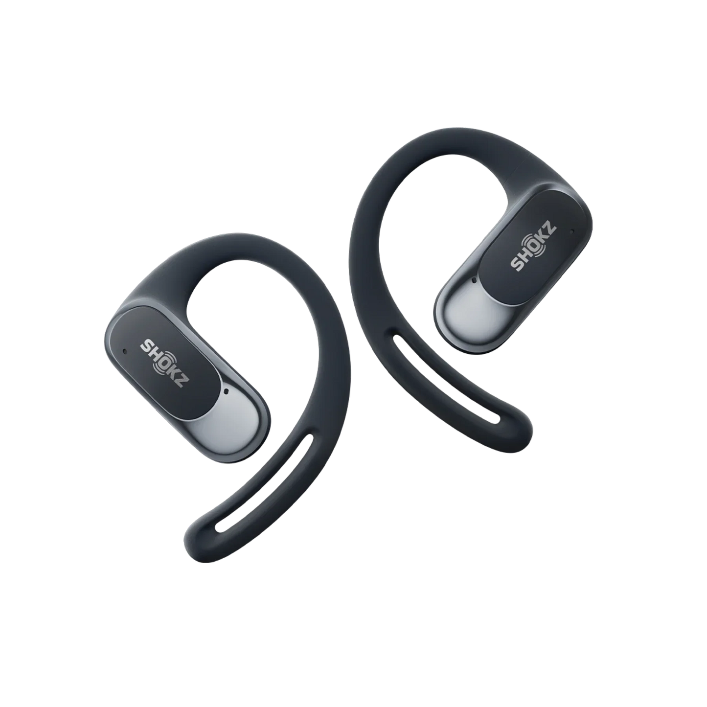 Black wireless earbuds with 'SNOVZ' branding on a white background
