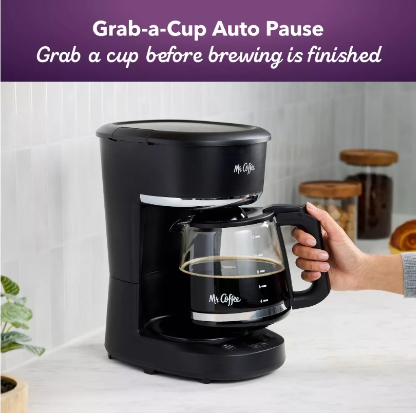 Black Mr. Coffee coffee maker with a glass carafe on a white surface, featuring 'Grab-a-Cup Auto Pause' text.