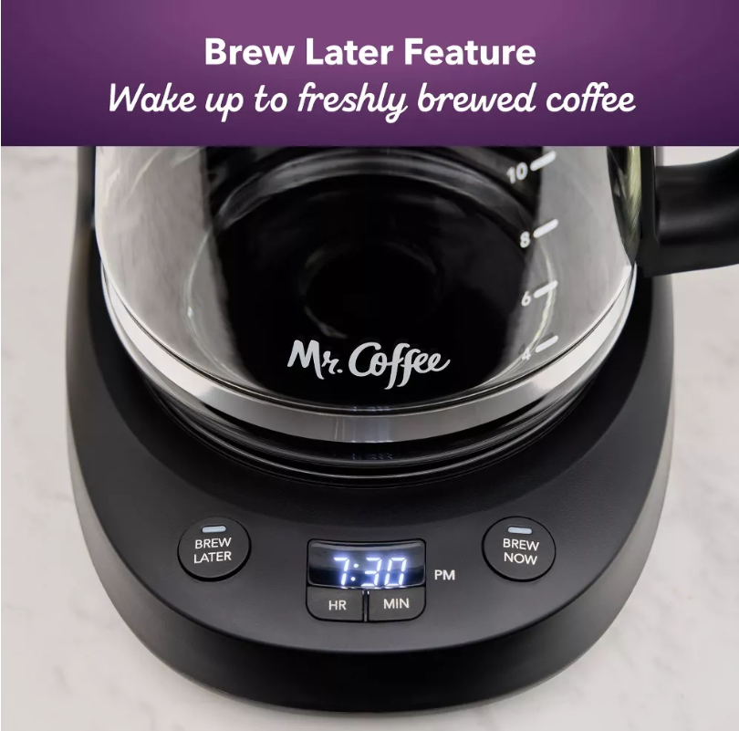 Mr. Coffee coffee maker with digital display and 'Brew Later' feature on a white background