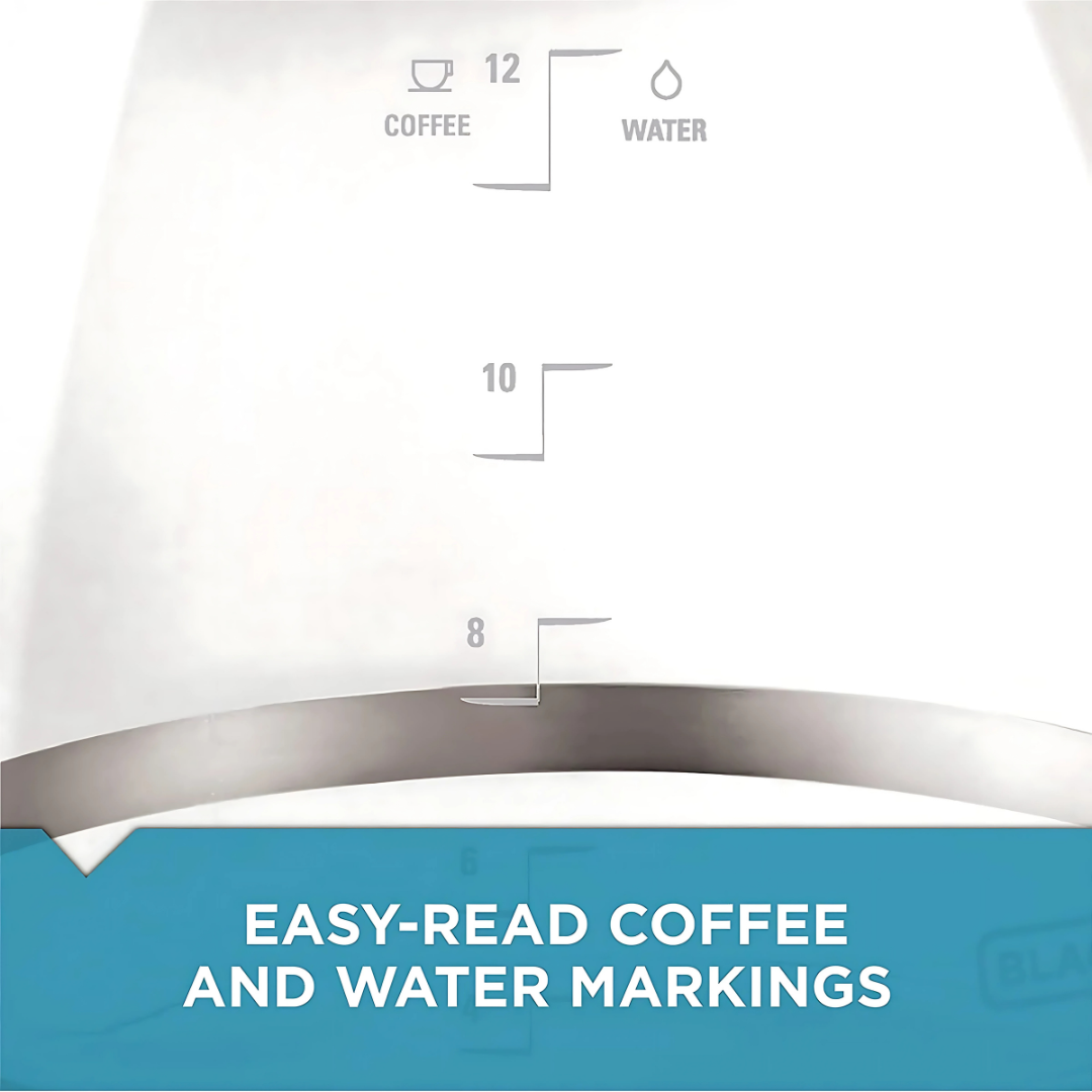 Measurement markings for coffee and water on a white background with a blue banner at the bottom.