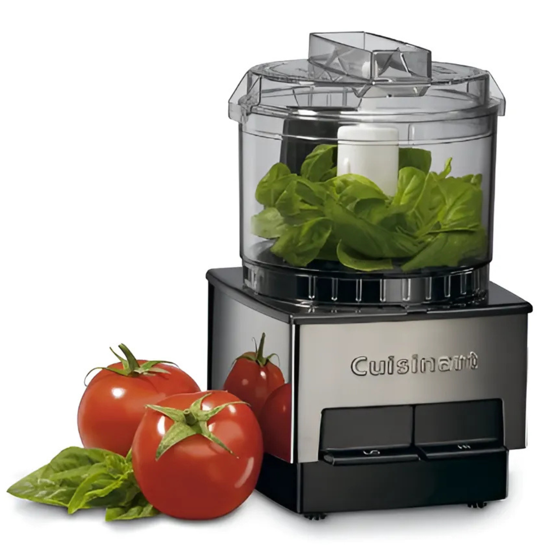 Cuisinart food chopper with ingredients on a white background