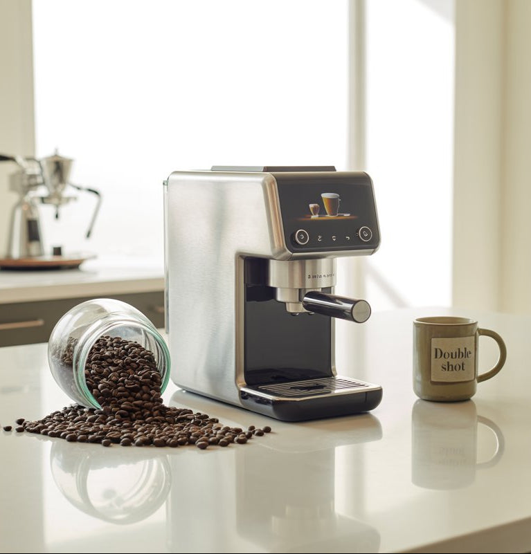 Espresso machine on a kitchen counter with coffee beans and a mug.