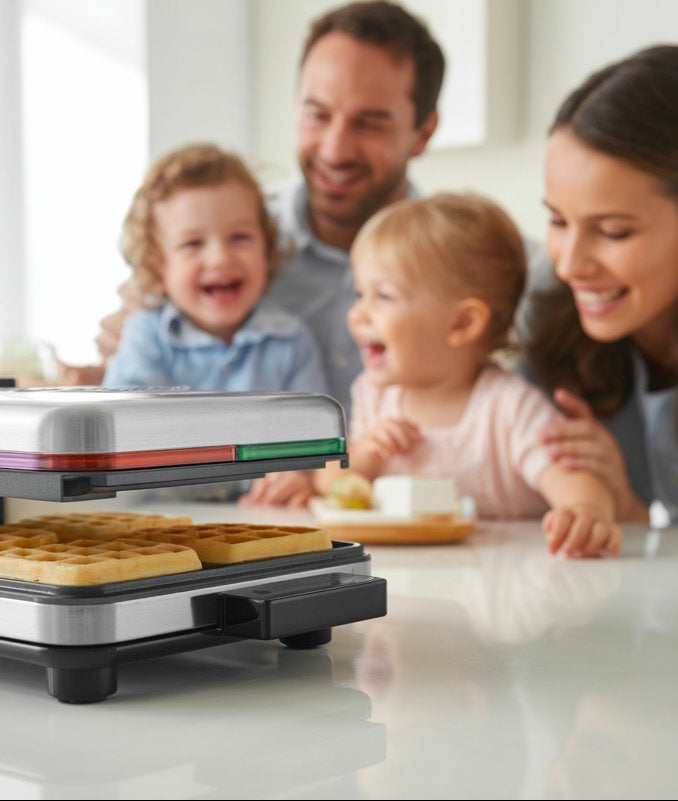 Family using a waffle maker in a kitchen