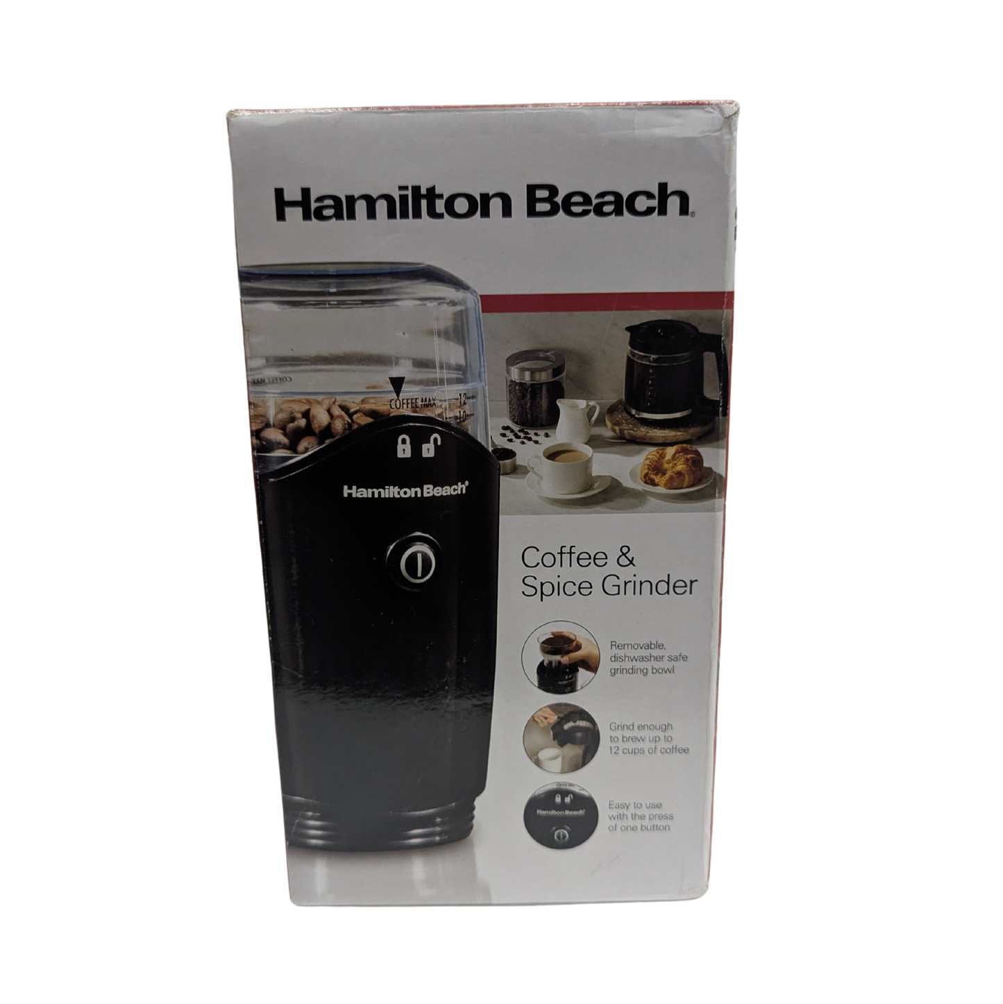 Hamilton Beach coffee and spice grinder packaging on a white background