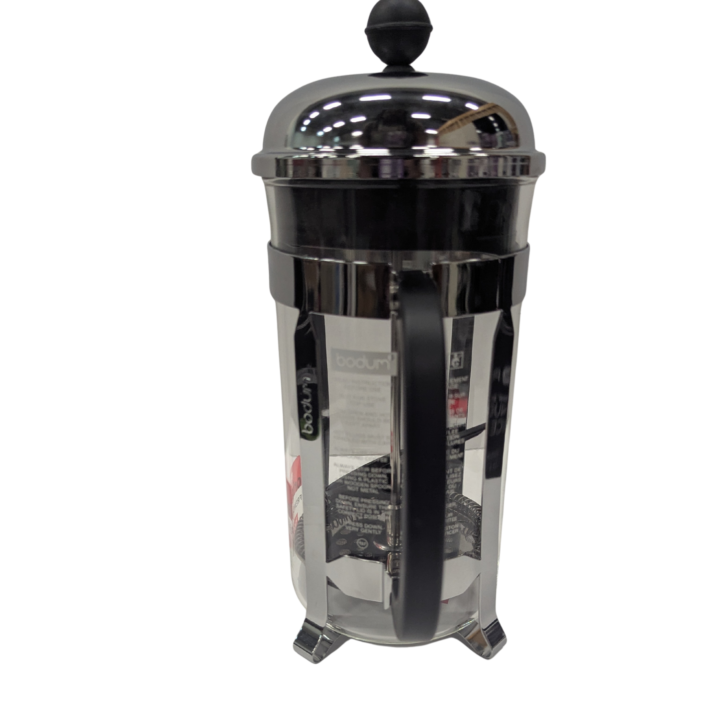 Black and silver French press coffee maker on a white background