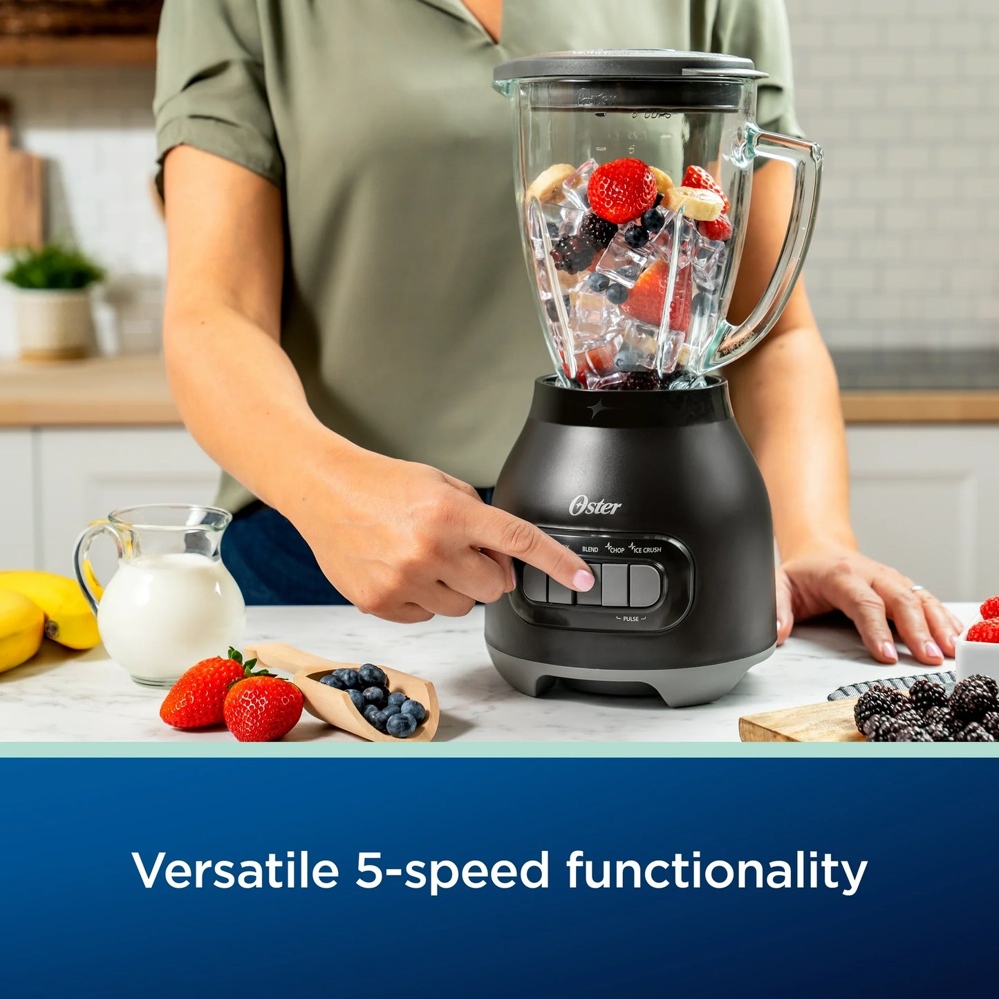 Person using a blender with fruits and vegetables, labeled 'Versatile 5-speed functionality'.
