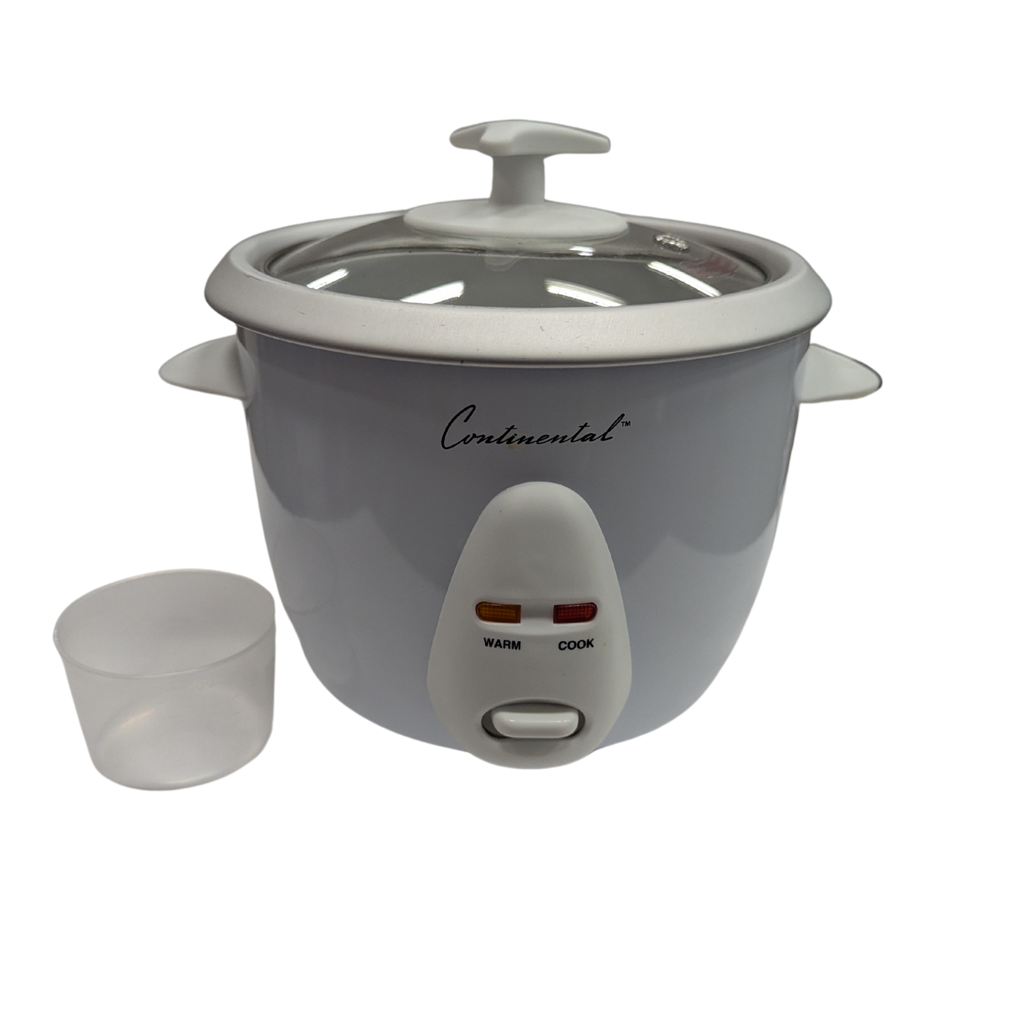 Gray rice cooker with a small white cup on a white background