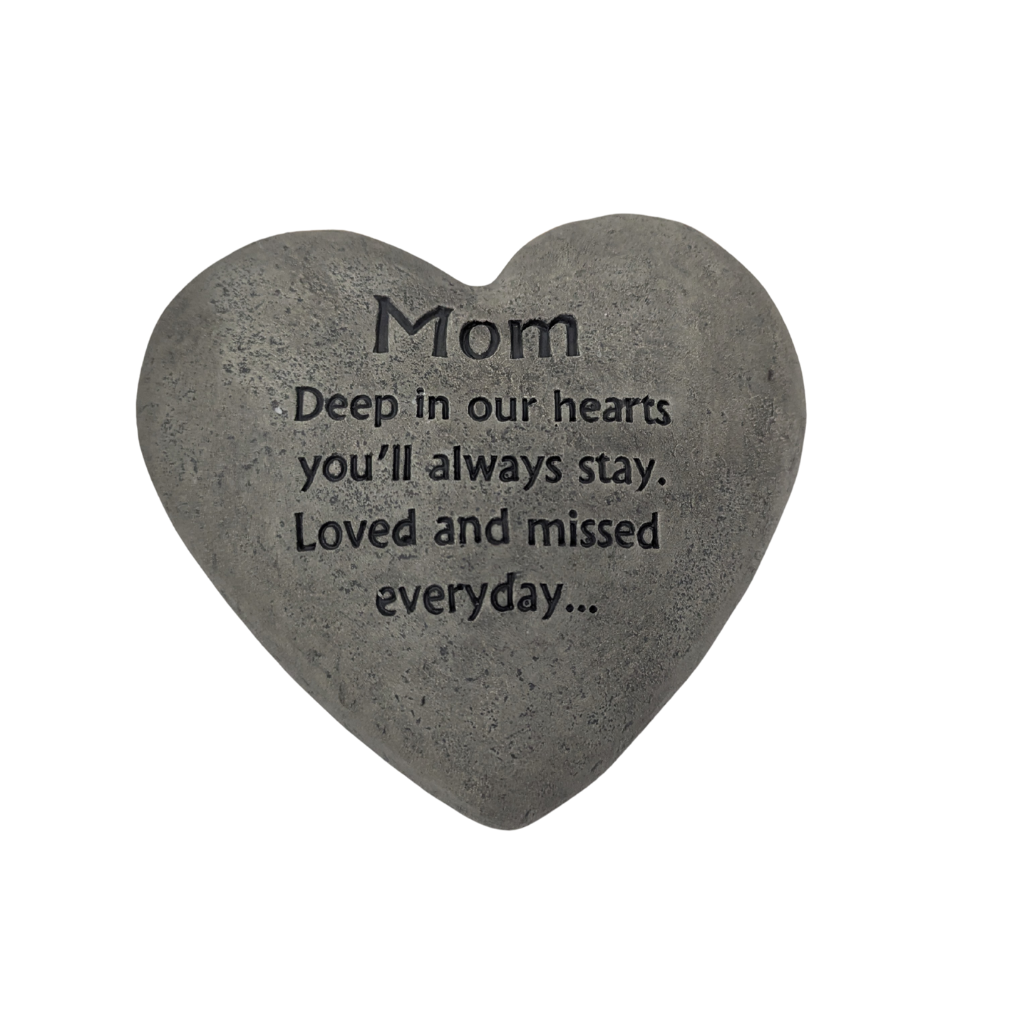 Heart-shaped stone with engraved message for Mom on a white background