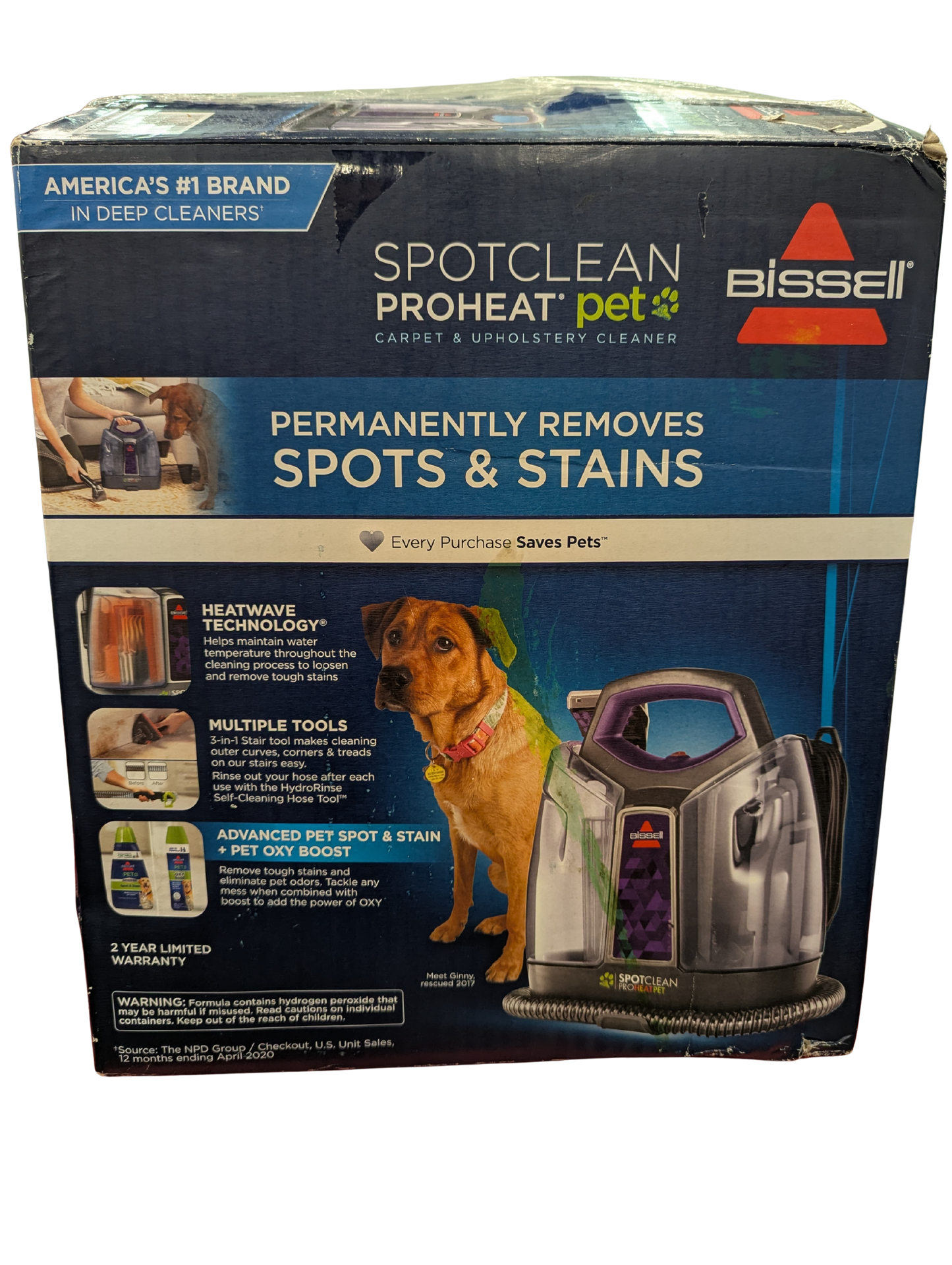 Bissell SpotClean ProHeat Pet carpet and upholstery cleaner packaging with a dog on it.