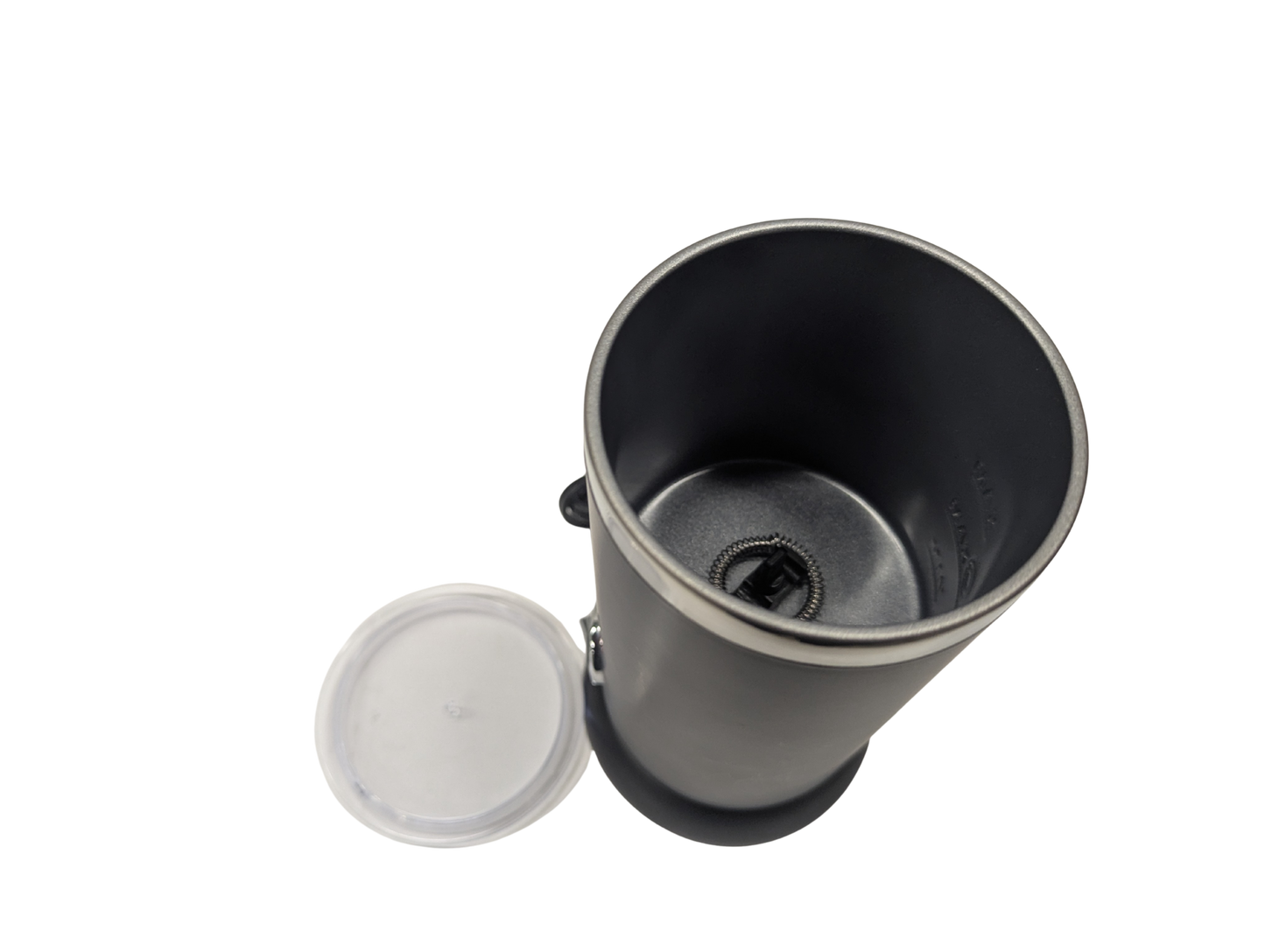 Black metal cup with a white lid on a white background