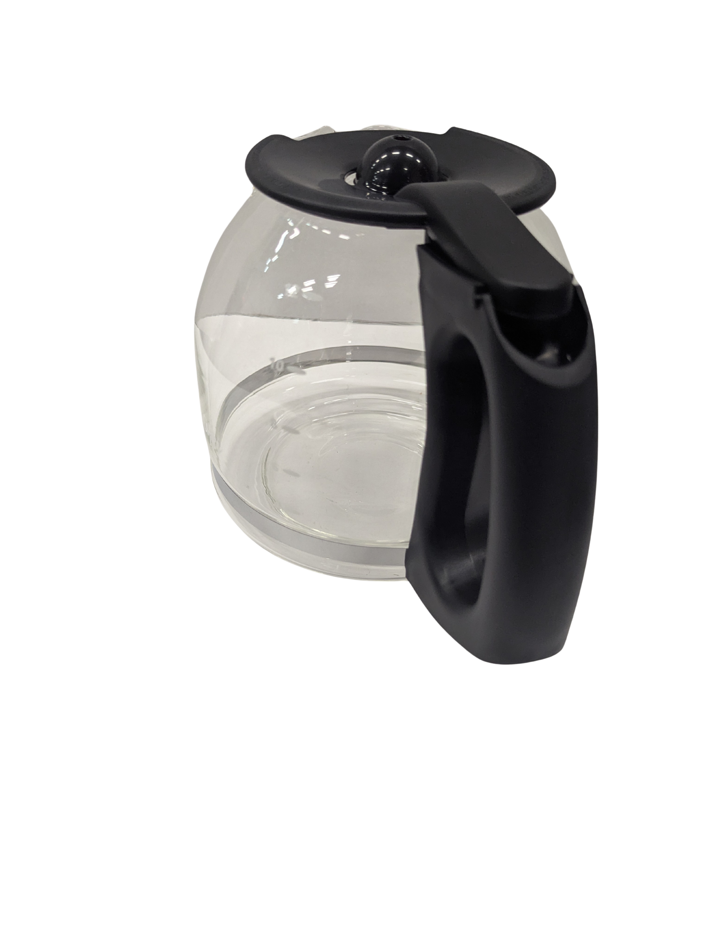 Clear glass teapot with black lid and handle on a white background
