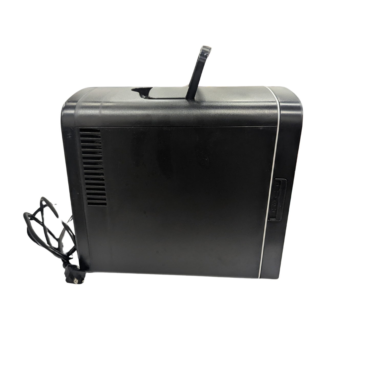 Black electronic device with a power cord on a white background