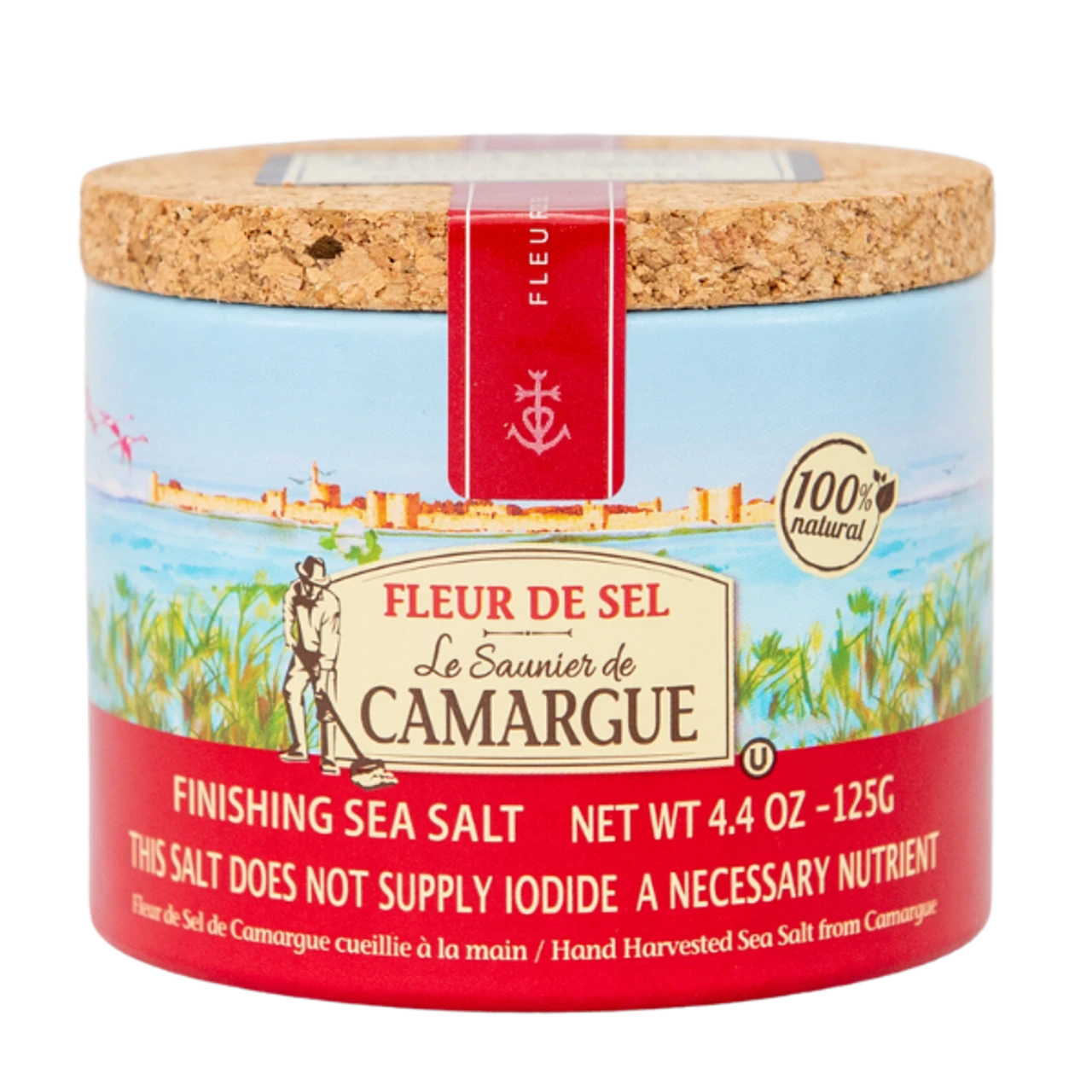 Fleur de Sel sea salt container with cork lid on a white background
