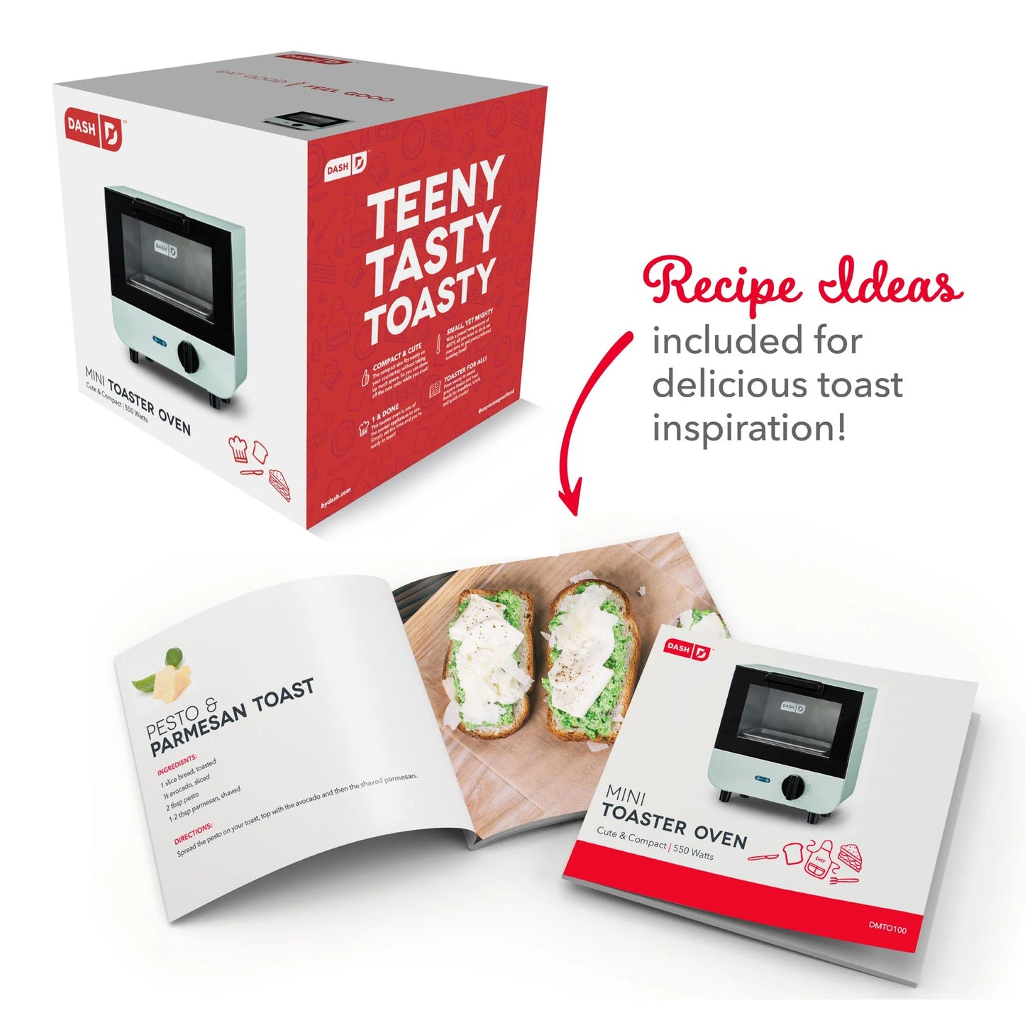 Mini toaster oven with recipe book and 'Teeny Tasty Toasty' packaging on a white background