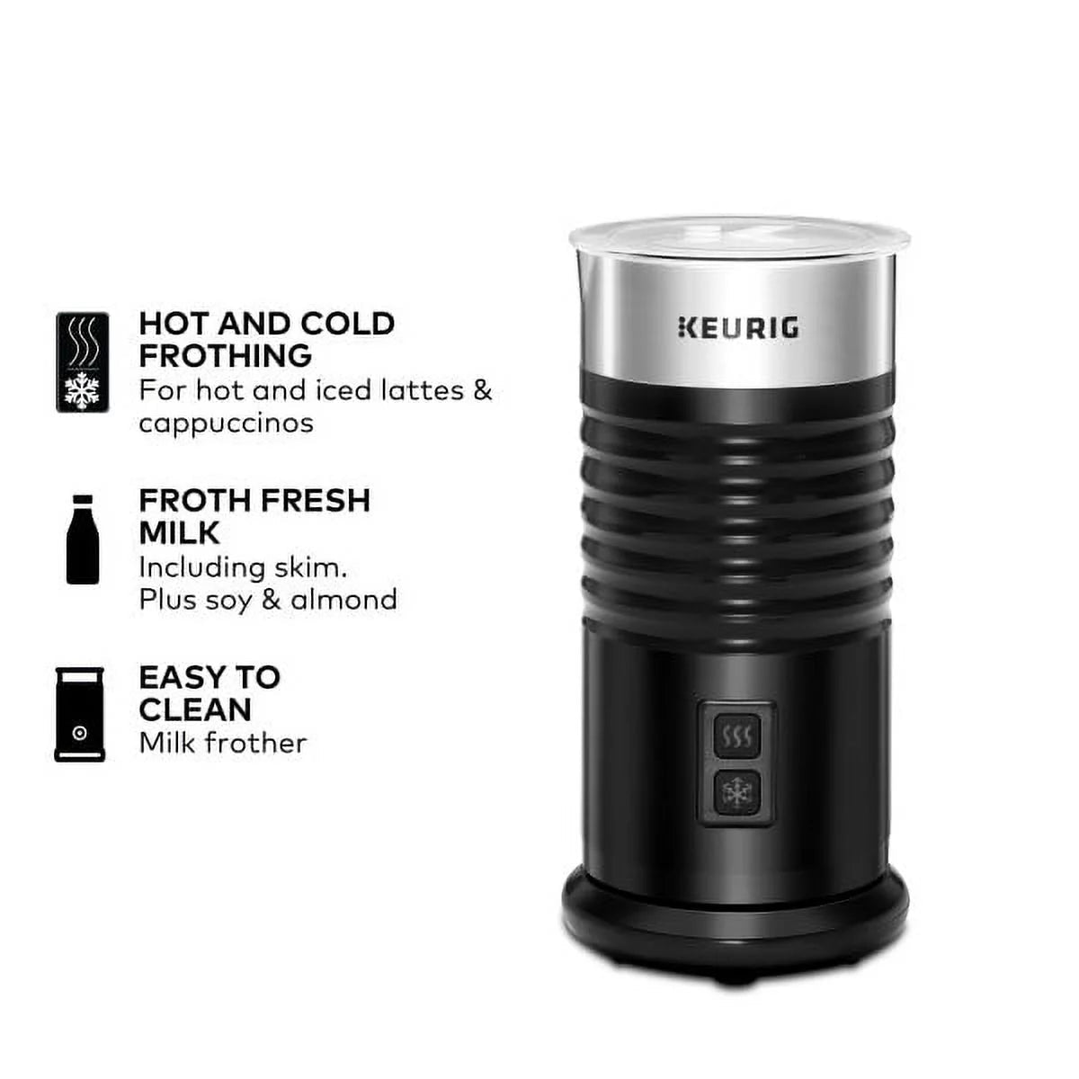 Keurig milk frother with features listed on a white background