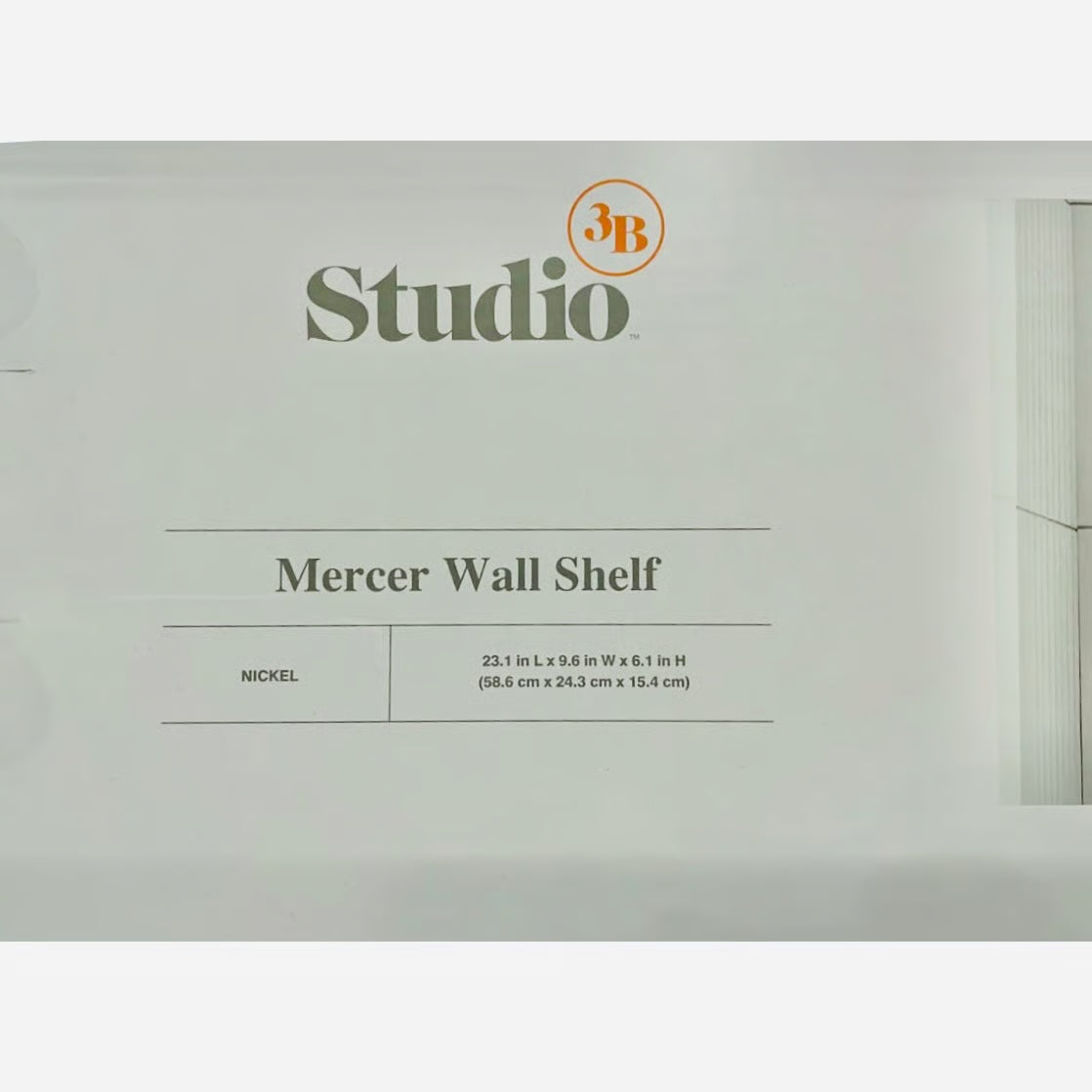Box packaging for a Mercer Wall Shelf with 3B Studio branding.