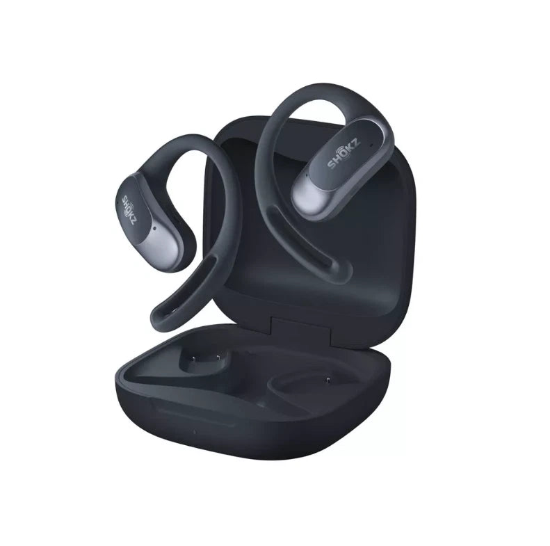 Black wireless earbuds with charging case on a white background