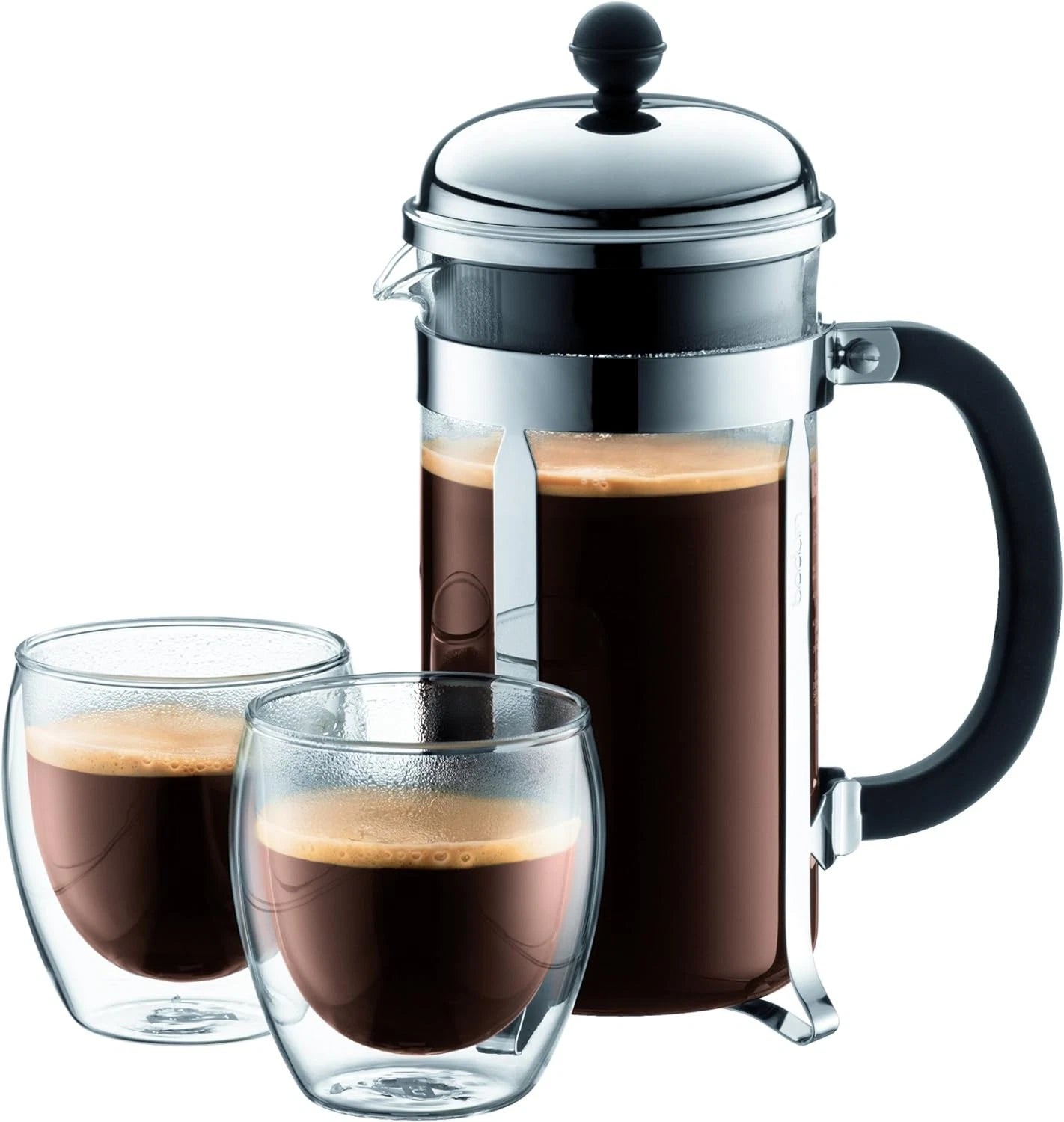 French press with two glasses of coffee on a white background