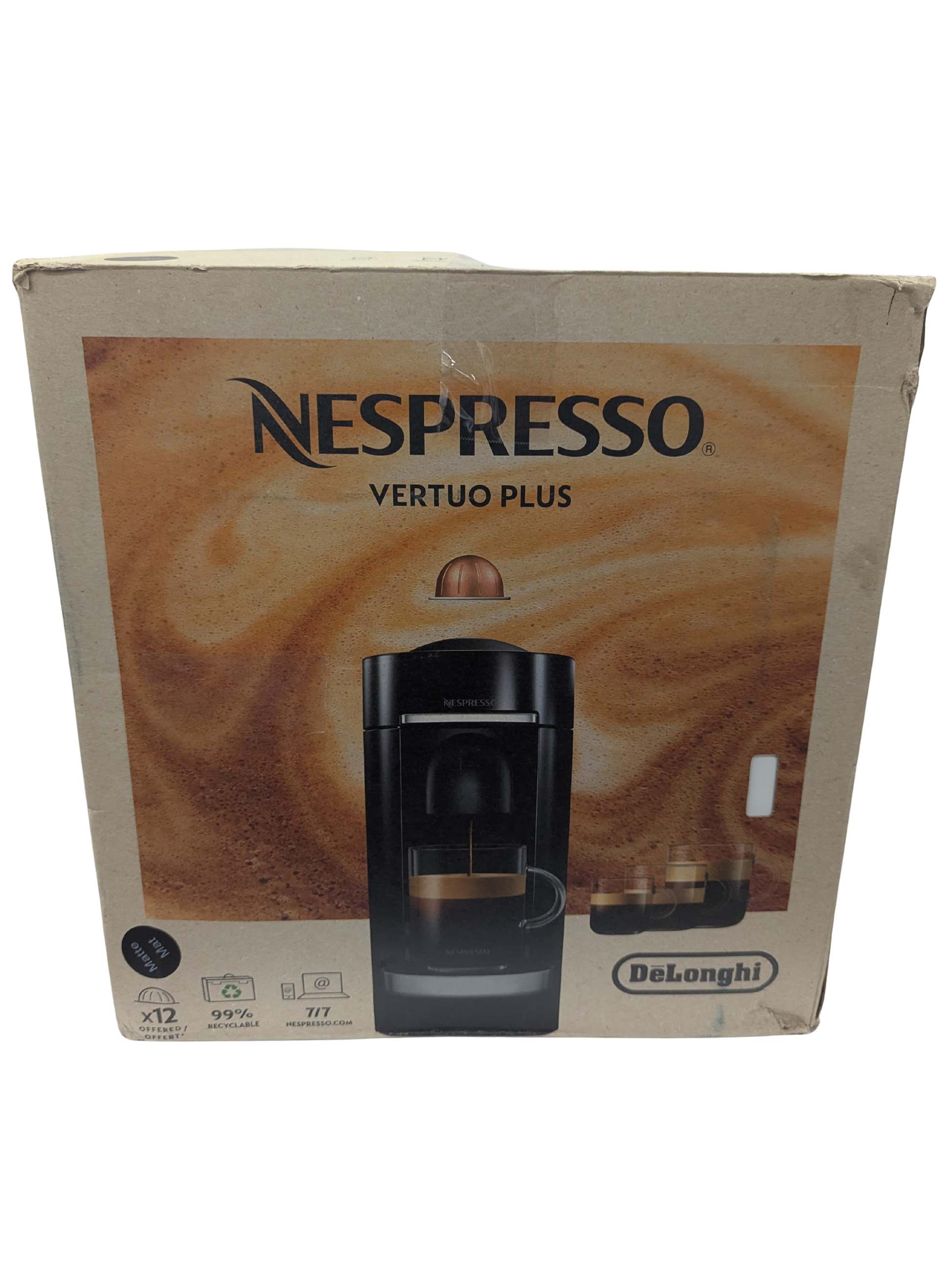 Nespresso Vertuo Plus coffee machine packaging on a white background