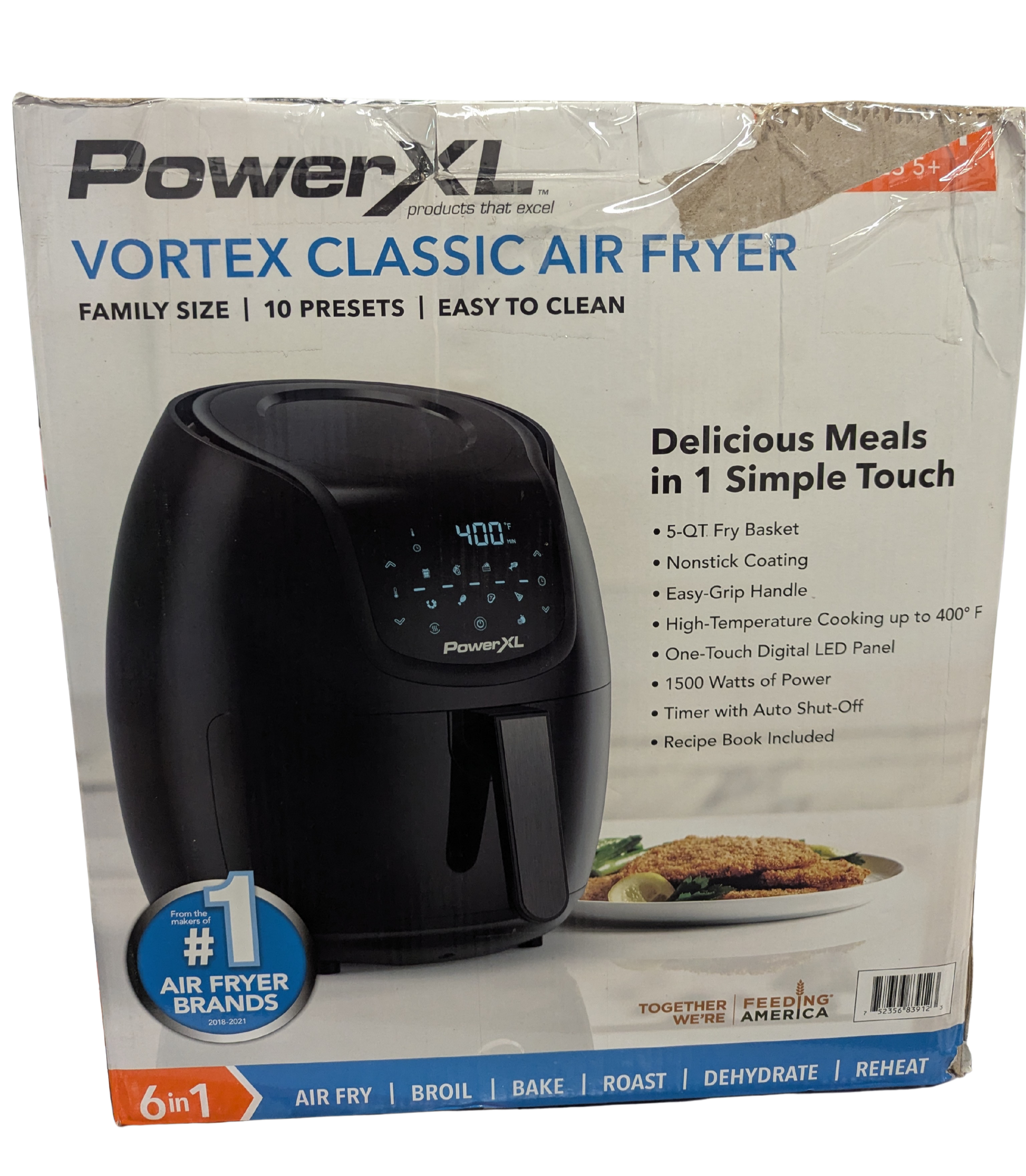 PowerXL Vortex Classic Air Fryer packaging with product image and features listed.