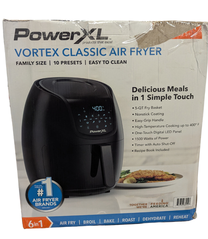 PowerXL Vortex Classic Air Fryer packaging with product image and features listed.