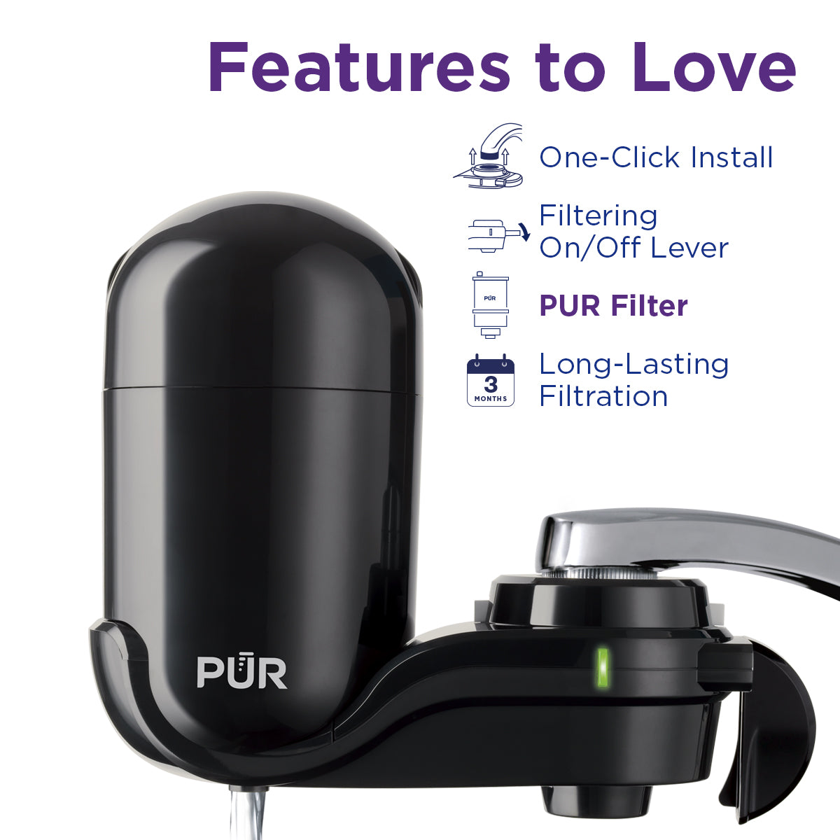 PUR water filter with features listed on a white background