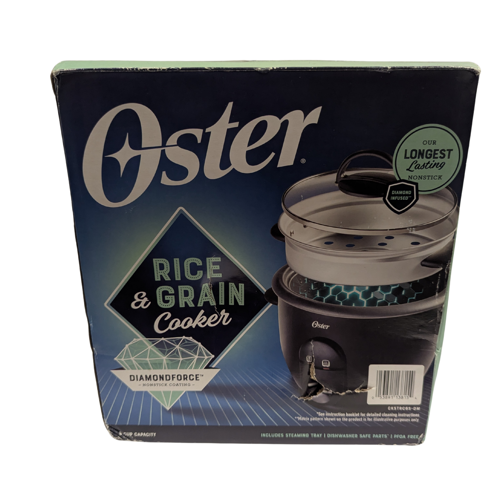 Oster rice and grain cooker packaging on a white background