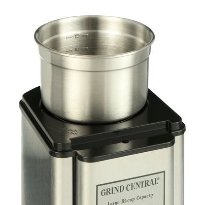 Grind Central coffee grinder with a metal container on a white background