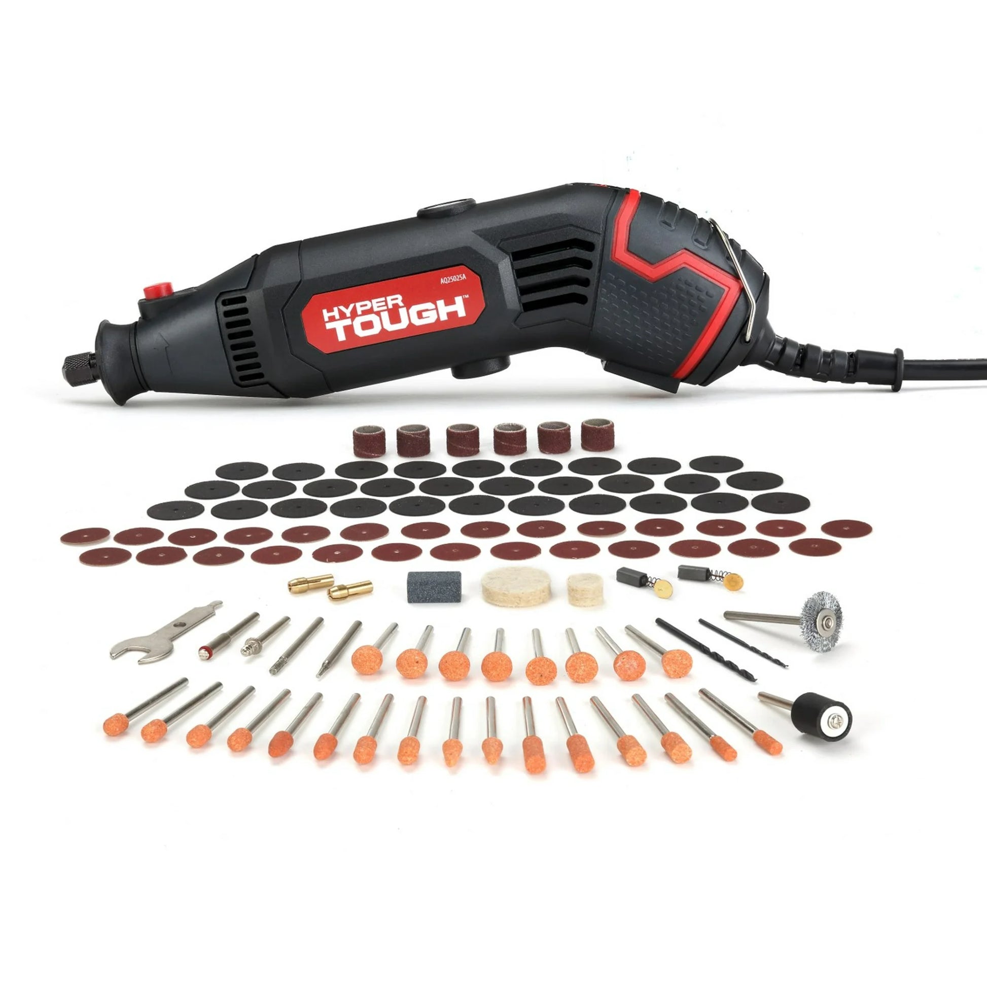 Hyper Tough rotary tool with attachments on a white background