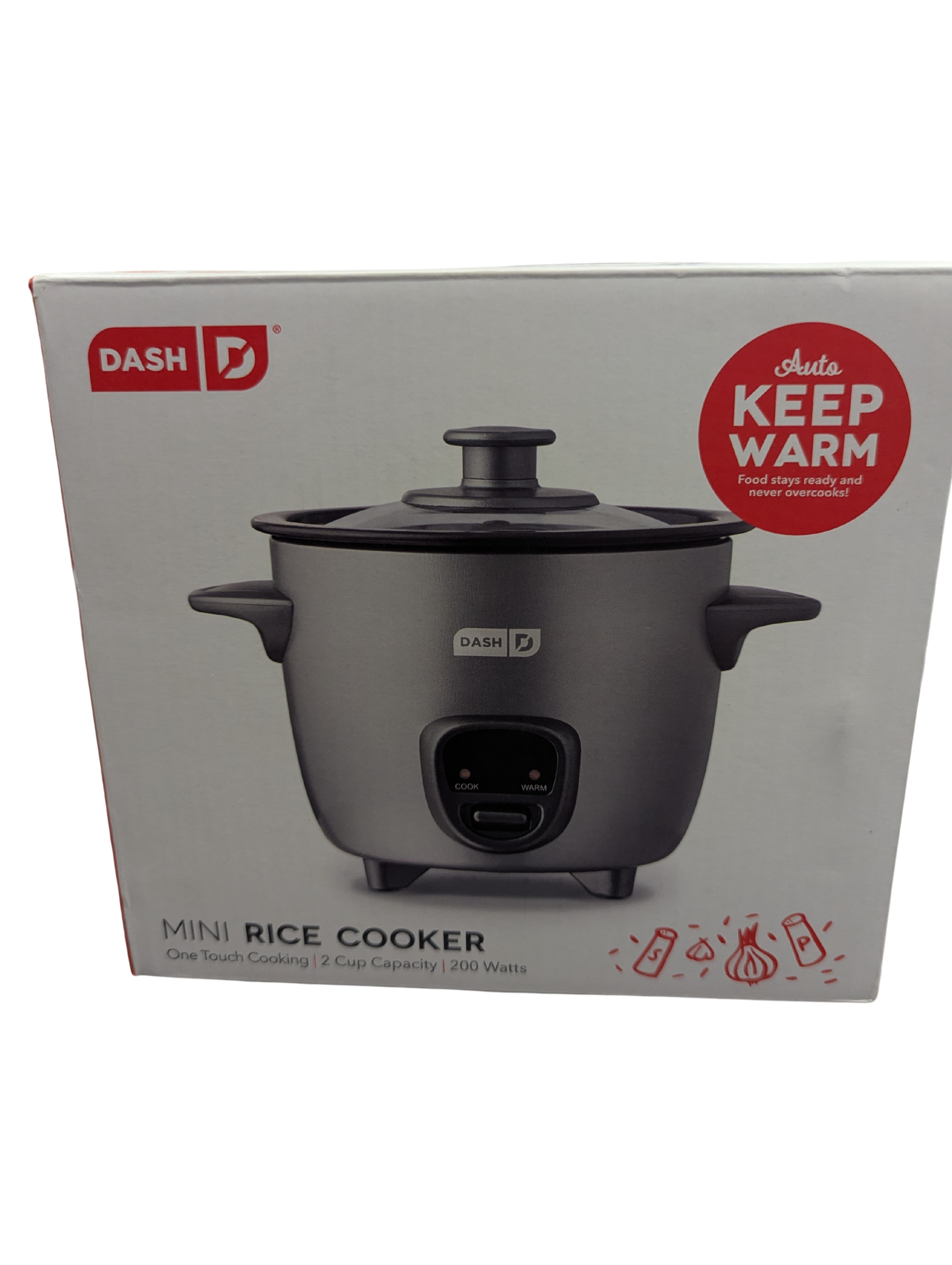 Box of Dash mini rice cooker with 'Keep Warm' feature on a white background