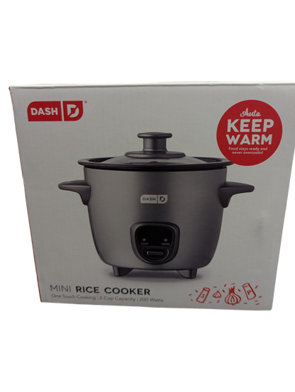 Box of Dash mini rice cooker with 'Keep Warm' feature on a white background