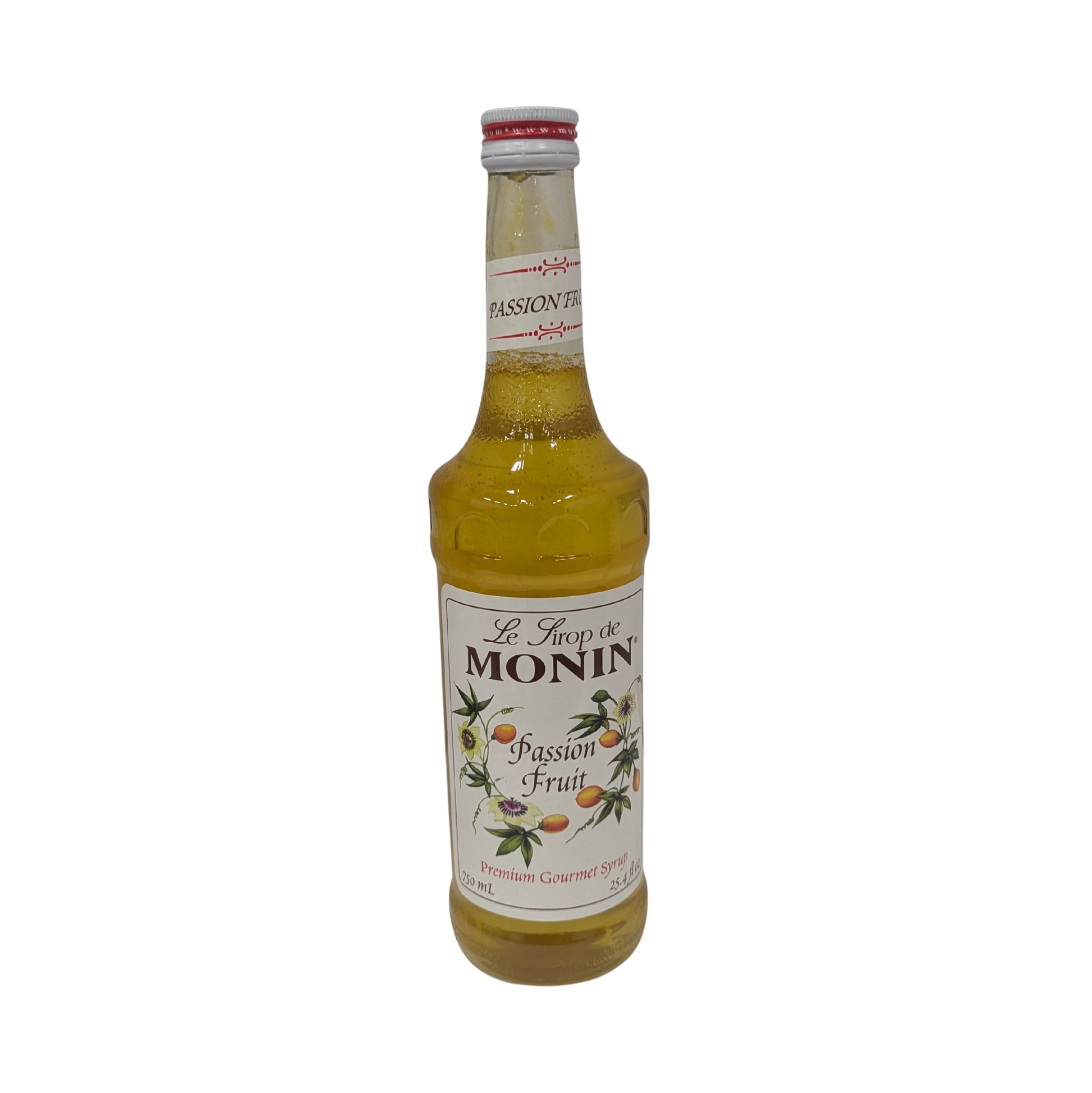 Bottle of Monin Passion Fruit syrup on a white background