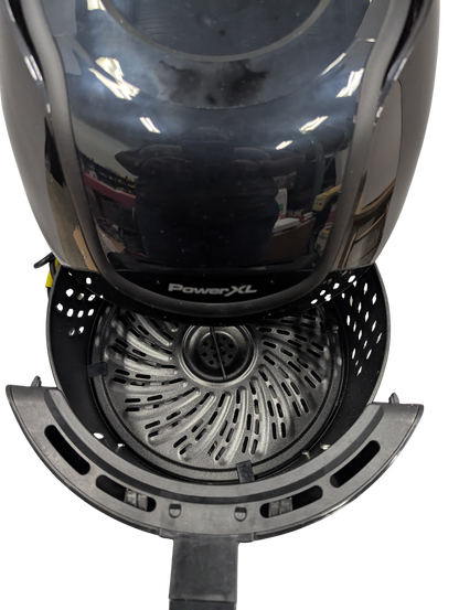 Black air fryer with 'PowerXL' branding on a white background