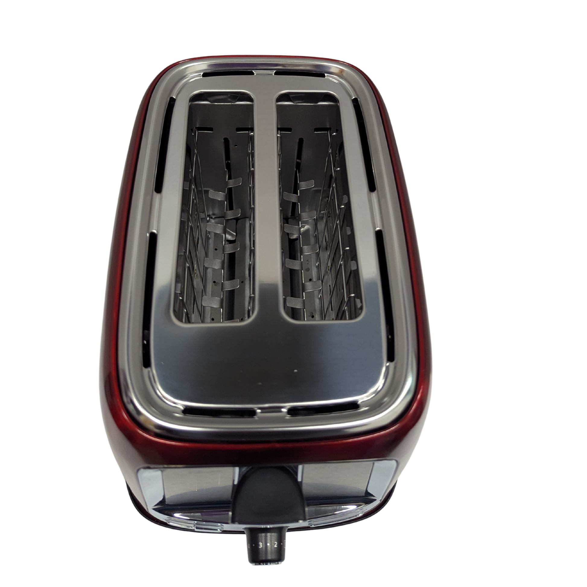 Toaster with red and silver design on a white background