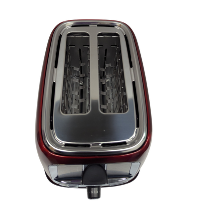 Toaster with red and silver design on a white background