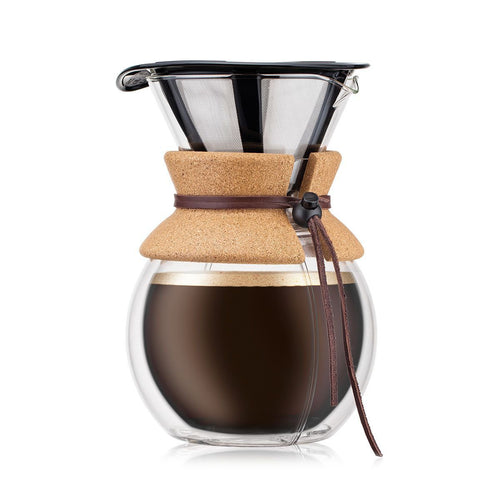 Coffee maker with glass carafe and cork lid on a white background