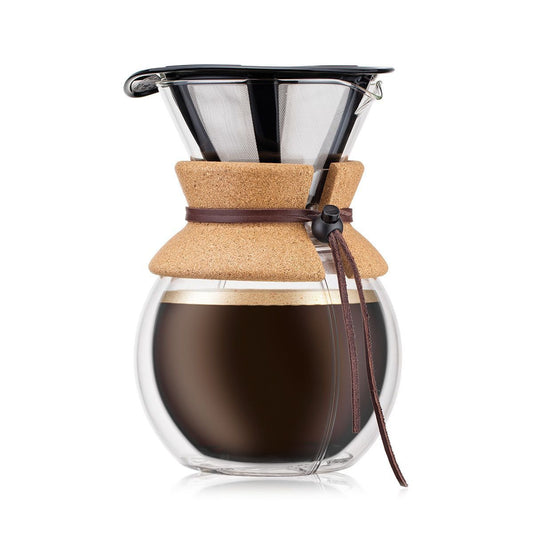 Coffee maker with glass carafe and cork lid on a white background