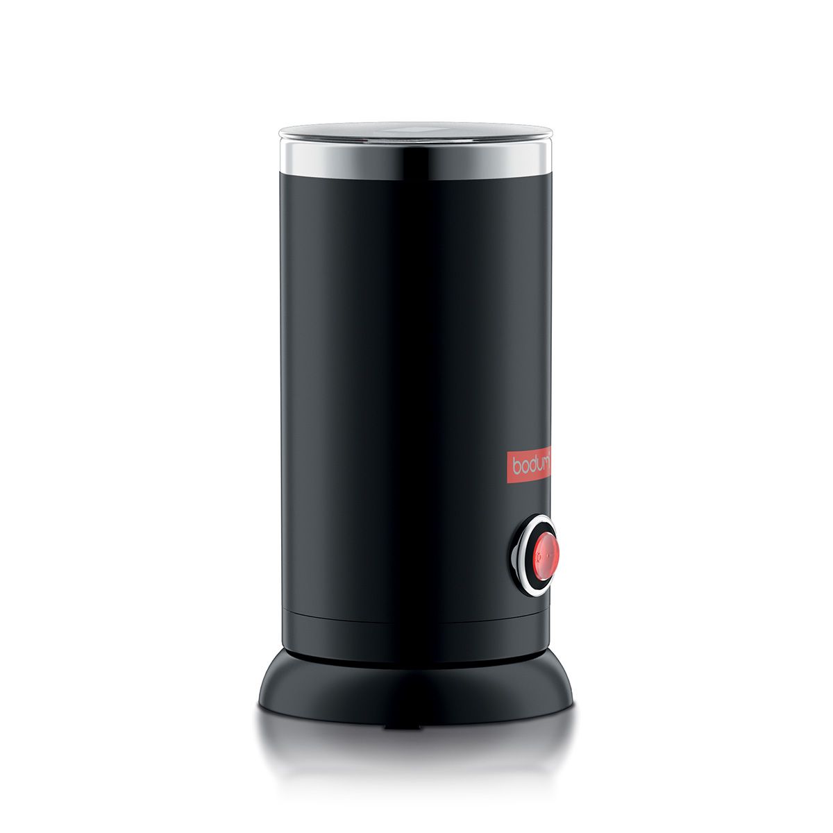 Black coffee grinder with a red button on a white background